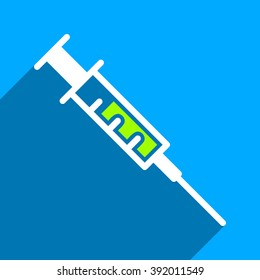 Syringe long shadow vector icon. Style is a flat syringe iconic symbol on a blue square background.