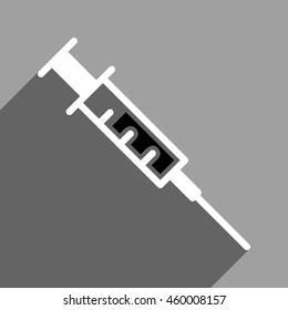 Syringe long shadow vector icon. Style is a flat syringe black and white iconic symbol on a gray square background.