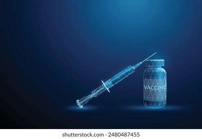 Syringe lying on a bottle with vaccine. Medical vaccination concept. Vaccine against coronavirus covid-19 Low poly style Abstract geometric background Wireframe structure Modern blue 3d graphic Vector