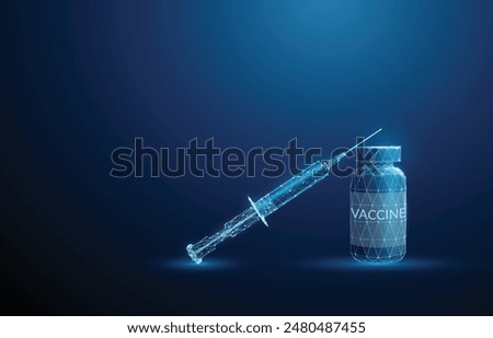 Syringe lying on a bottle with vaccine. Medical vaccination concept. Vaccine against coronavirus covid-19 Low poly style Abstract geometric background Wireframe structure Modern blue 3d graphic Vector