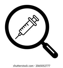 Syringe and magnifying glass icon. Vector illustration.