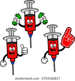 Syringe Mascot Set 03, Hand Drawn illustrations of Syringe Mascots in various poses.