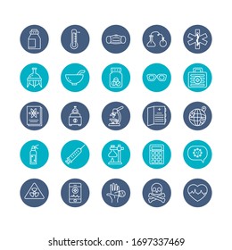 Syringe With Medical And Chemestry Icon Set Over White Background, Block Style, Vector Illustration