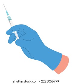 Syringe in medical hand. Vaccine shot in blue surgical glove palm