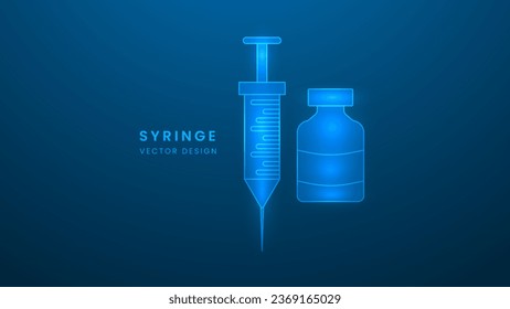 Jeringa médica para equipo de inyección hospitalario. El concepto de salud y medicina. Ilustración vectorial con efecto luminoso y neón