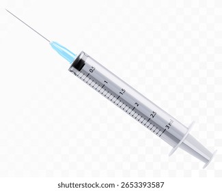 Ícone médico da seringa isolado no fundo branco, equipamento de injeção hospitalar. Sinal de vacina, farmácia tratamento de saúde, ferramenta plástica com agulha. seringa 3 ml. Ilustração de vetor 3D realista