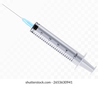 Ícone médico da seringa isolado no fundo branco, equipamento de injeção hospitalar. Sinal de vacina, farmácia tratamento de saúde, ferramenta plástica com agulha. seringa 5 ml. Ilustração de vetor 3D realista
