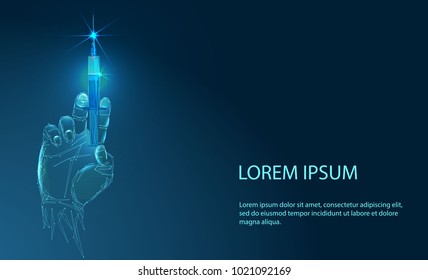 Syringe, medical injection in hand, palm or fingers. Medicine vaccination equipment with needle. Nurse or doctor. Liquid drug or narcotic. Health care in hospital. Banner. Low poly vector illustration