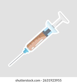 Adesivo de vetor de injeção médica de seringa. Ilustração vetorial em estilo cartoon de uma seringa com uma agulha, contendo um líquido, perfeito para projetos médicos e de saúde