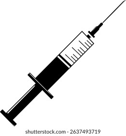 Syringe a medical instrument. A cylinder with a piston and a sharp thin needle tip. Medicine and health care. Vector illustration.