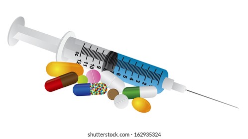 Syringe with Medication Drug Vitamin Pills Isolated on White Background Vector Illustration