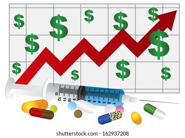 Syringe With Medication Pills And Prescription Drugs Rising Cost Chart Isolated On White Background Vector Illustration