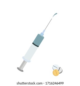 A syringe with medication and tablets. Isolated. Image for medical posters, booklets.