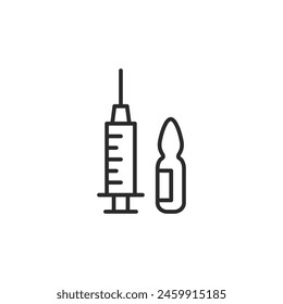 Icono de jeringa y ampolla de medicamento. Representación simple de inyección médica, preparación de vacunas para servicios de salud, aplicaciones farmacéuticas, materiales de instrucción. Ilustración vectorial 