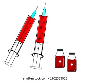 Syringe, medicine bag and medicine bottle red medical equipment vector illustration of medical equipment