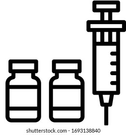 Syringe with medicine bottles vector illustration, line design icon