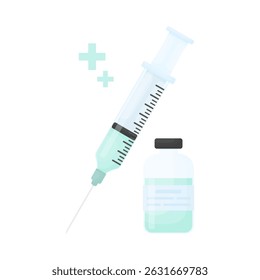 Seringa com medicamento em estilo cartoon em fundo branco isolado. Cuidados de saúde. Vacina em seringa.