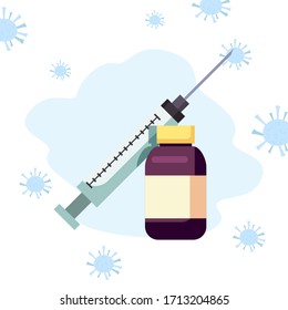 Syringe medicine jar and coronavirus bacterium design of covid 19 virus 2019 ncov cov infection corona epidemic disease symptoms and medical theme Vector illustration