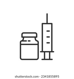 Syringe and medicine jar, linear icon, injection, vaccine, inoculation. Line with editable stroke