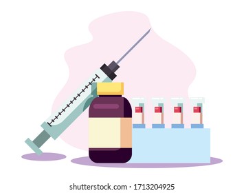 Syringe medicine jar and tubes design of covid 19 virus 2019 ncov cov infection corona epidemic disease symptoms and medical theme Vector illustration
