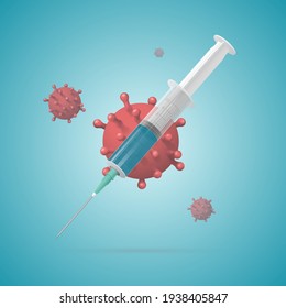 Syringe with medicine on the background of viruses. Coronavirus vaccine. Vector illustration.