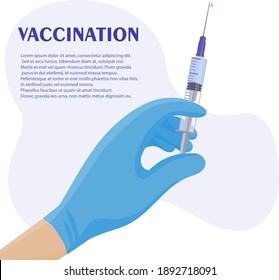 A syringe of medicine. Physician's hands in blue protective medical gloves. Flu vaccination, anesthesia, beauty injection in cosmetology. Treatment and protection against viral infections and diseases