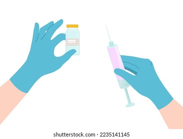 Syringe with medicine vaccine, vector illustration, medical worker hands in gloves hold bottle for making injection, health treatment by vaccination.
