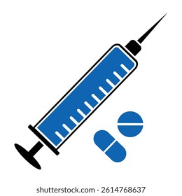 Syringe medicine vector, icon. High quality single syringe with capsule and tablet symbol website logo design. Simple syringe for injection vector isolated on white background. Vector image.