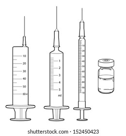 syringe and medicine vials outline vector 