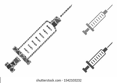 Syringe mosaic of ragged items in different sizes and color tones, based on syringe icon. Vector rugged items are composed into mosaic. Syringe icons collage with dotted pattern.