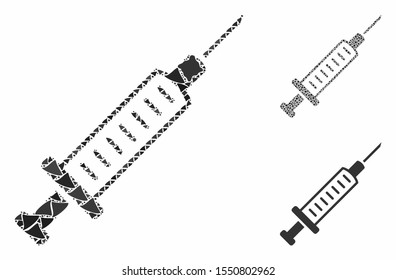 Syringe mosaic of ragged pieces in variable sizes and color tinges, based on syringe icon. Vector humpy pieces are composed into mosaic. Syringe icons collage with dotted pattern.