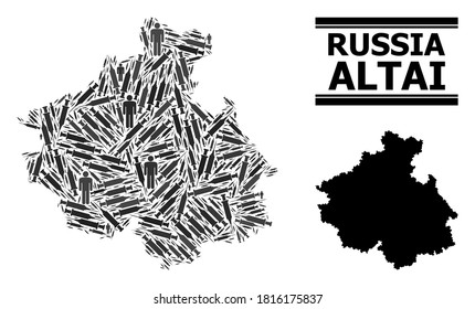 Syringe mosaic and solid map of Altai Republic. Vector map of Altai Republic is designed from vaccine symbols and human figures. Template is useful for quarantine purposes.