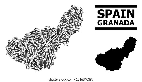 Syringe mosaic and solid map of Granada Province. Vector map of Granada Province is shaped with vaccine doses and people figures. Collage is useful for pandemic aims. Final win over virus outbreak.