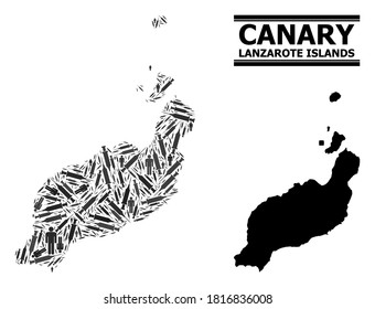 Syringe mosaic and solid map of Lanzarote Islands. Vector map of Lanzarote Islands is composed with vaccine symbols and human figures. Template is useful for outbreak purposes.