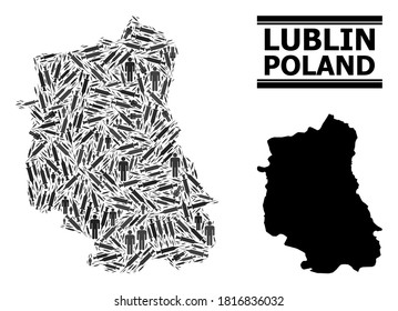 Syringe mosaic and solid map of Lublin Province. Vector map of Lublin Province is formed with vaccine doses and human figures. Illustration is useful for health care alerts.