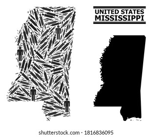 Syringe mosaic and solid map of Mississippi State. Vector map of Mississippi State is created of injection needles and human figures. Template is useful for outbreak alerts.