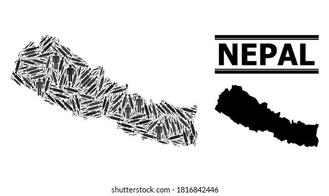 Syringe mosaic and solid map of Nepal. Vector map of Nepal is shaped of syringes and men figures. Abstraction is useful for health care templates. Final solution over virus outbreak.