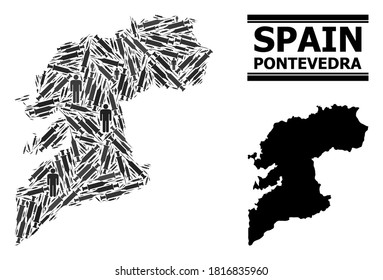 Syringe mosaic and solid map of Pontevedra Province. Vector map of Pontevedra Province is done with inoculation icons and men figures. Collage is useful for outbreak ads.