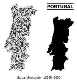 Syringe mosaic and solid map of Portugal. Vector map of Portugal is made with injection needles and men figures. Template is useful for lockdown alerts. Final solution over virus outbreak.