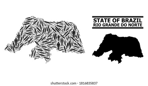 Spritze Mosaik und solide Karte des Rio Grande do Norte State. Die Vektorkarte des Rio Grande do Norte State besteht aus Impfstoffdosen und Persönlichkeiten. Abstraktion ist für die Ziele der Ausbrüche nützlich.