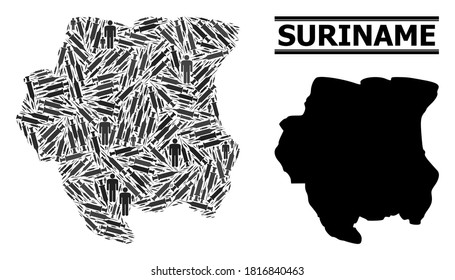Syringe mosaic and solid map of Suriname. Vector map of Suriname is organized of vaccine doses and people figures. Collage is useful for outbreak purposes. Final solution over virus outbreak.