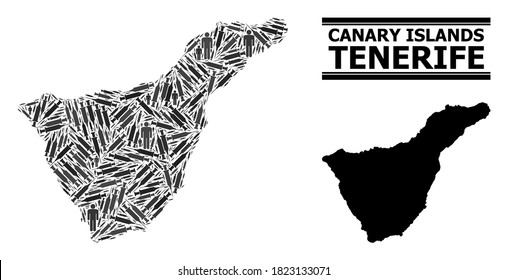 Mosaico sintético y mapa sólido de la isla de Tenerife. Mapa vectorial de la isla de Tenerife construido con símbolos de vacunas y figuras de la gente. La abstracción es útil para los posters de tratamiento.