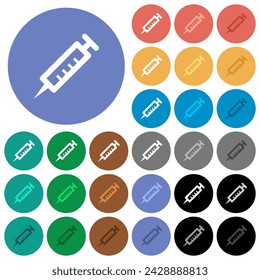 Syringe multi colored flat icons on round backgrounds. Included white, light and dark icon variations for hover and active status effects, and bonus shades.
