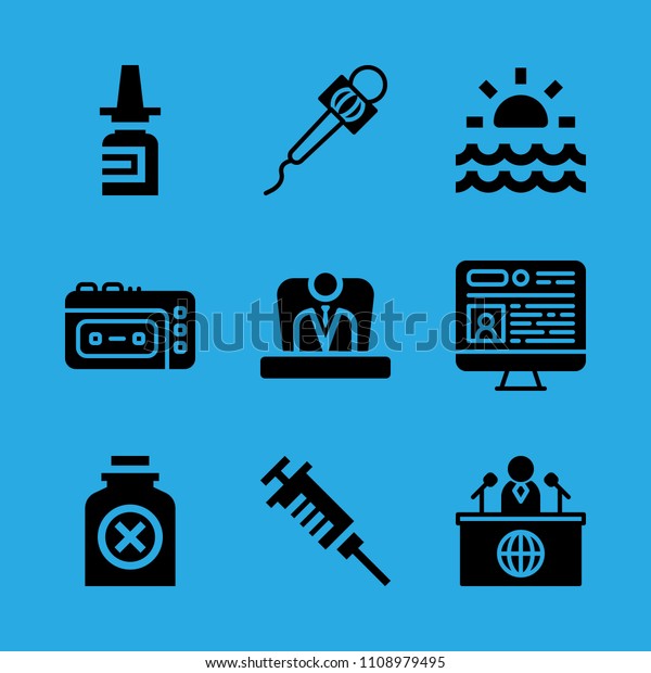 syringe, nasal spray, sunrise, boss, recorder, news
reporter, television, microphone and poison vector icon. Simple
icons set