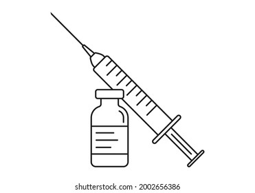 Jeringa con icono de la aguja y el contorno del frasco. Inyección de la vacuna de coronavirus. Concepto de vacunación. Ilustración vectorial.