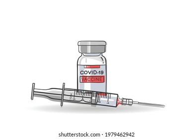 Syringe with needle and Covid-19 vaccine on white background, vector illustration