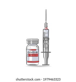 Syringe with needle and Covid-19 vaccine on white background, vector illustration