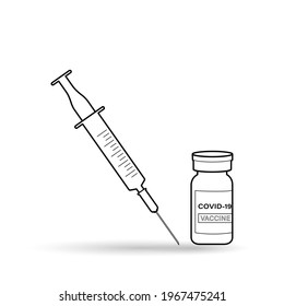 Syringe with needle and Covid-19 vaccine outline icon on white background