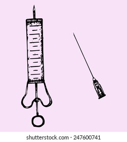 syringe and needle, doodle style, hand drawn