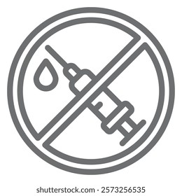 Syringe needle with drop ban line icon, prohibited elements concept. Vector graphics. Injection of vaccine forbidden sign on white background, outline style icon for mobile or web design